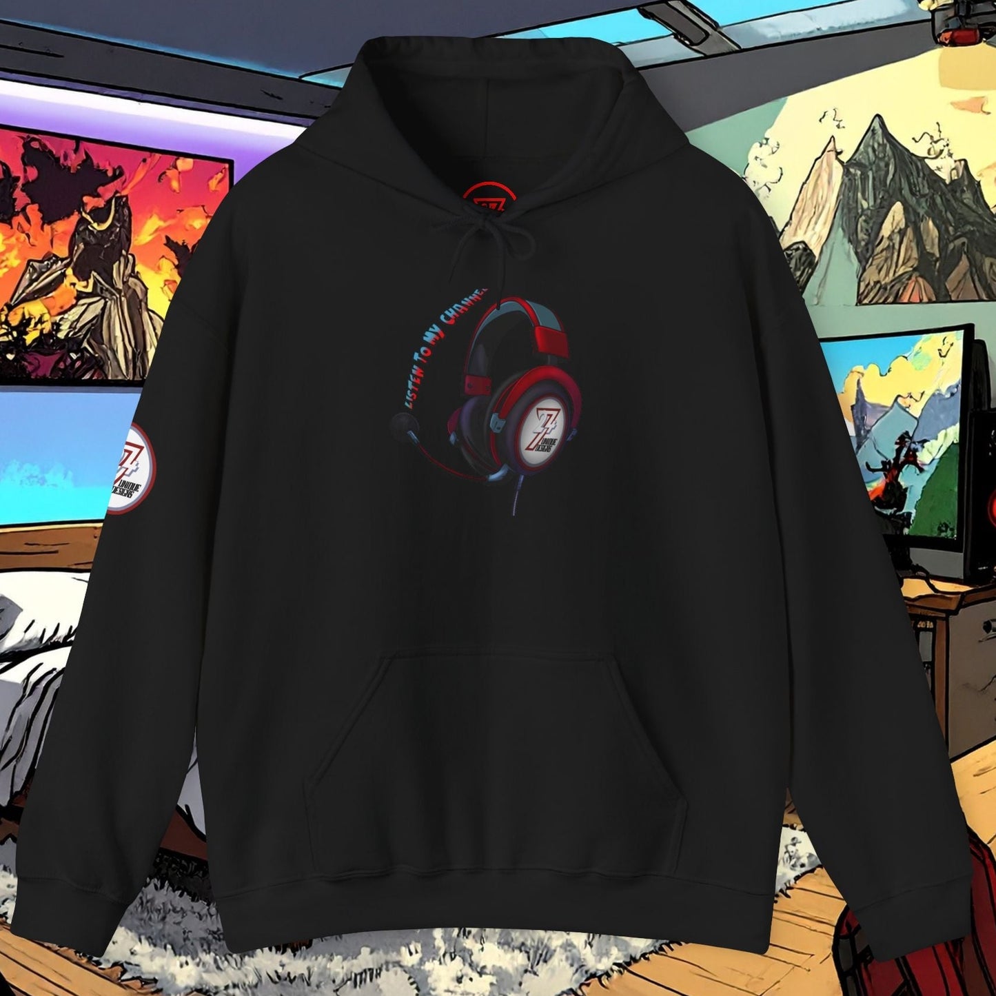 black unisex headset hoodie with printed headphone design and kangaroo pocket