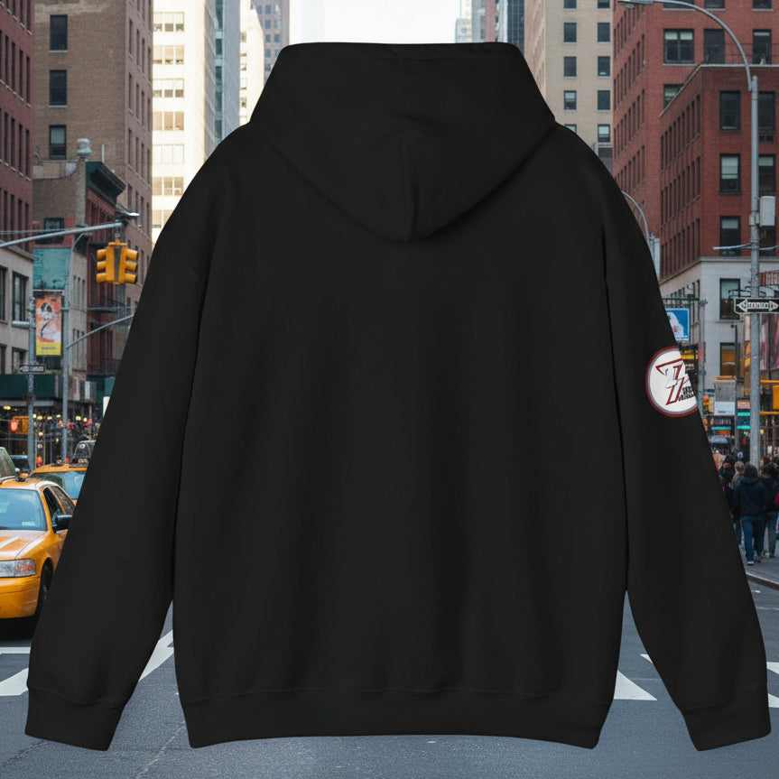 BAcke view of black women's boxing hoodie with adjustable hood and kangaroo pocket for outdoor training and streetwear