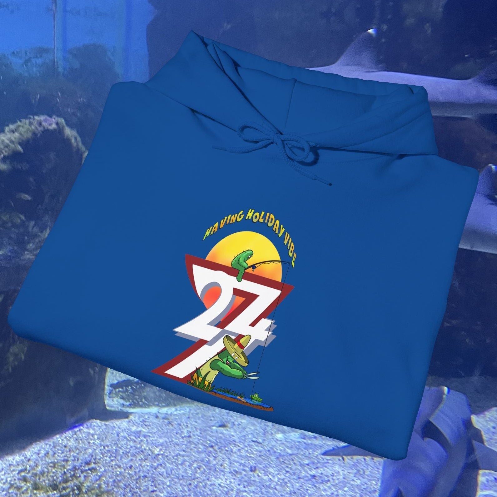 blue Funny Fishing Hoodie with summer holiday cactus graphic, folded display