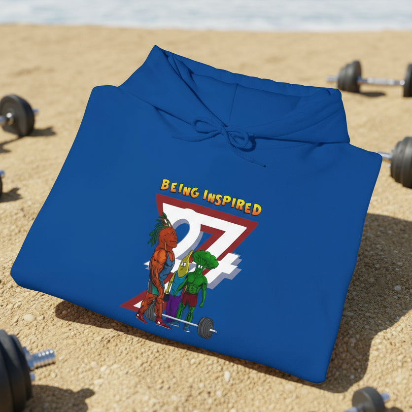 blue custom hoodie with comic banana and broccoli characters and "Being Inspired" text design