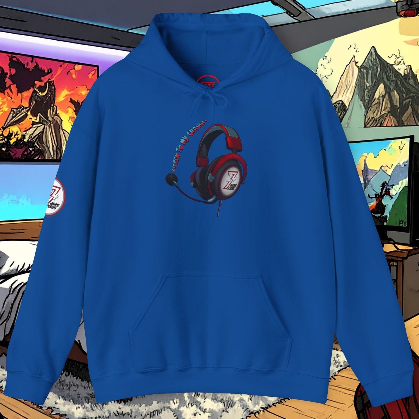 blue headset hoodie with headphone design for gamers and YouTubers in cozy gaming room background