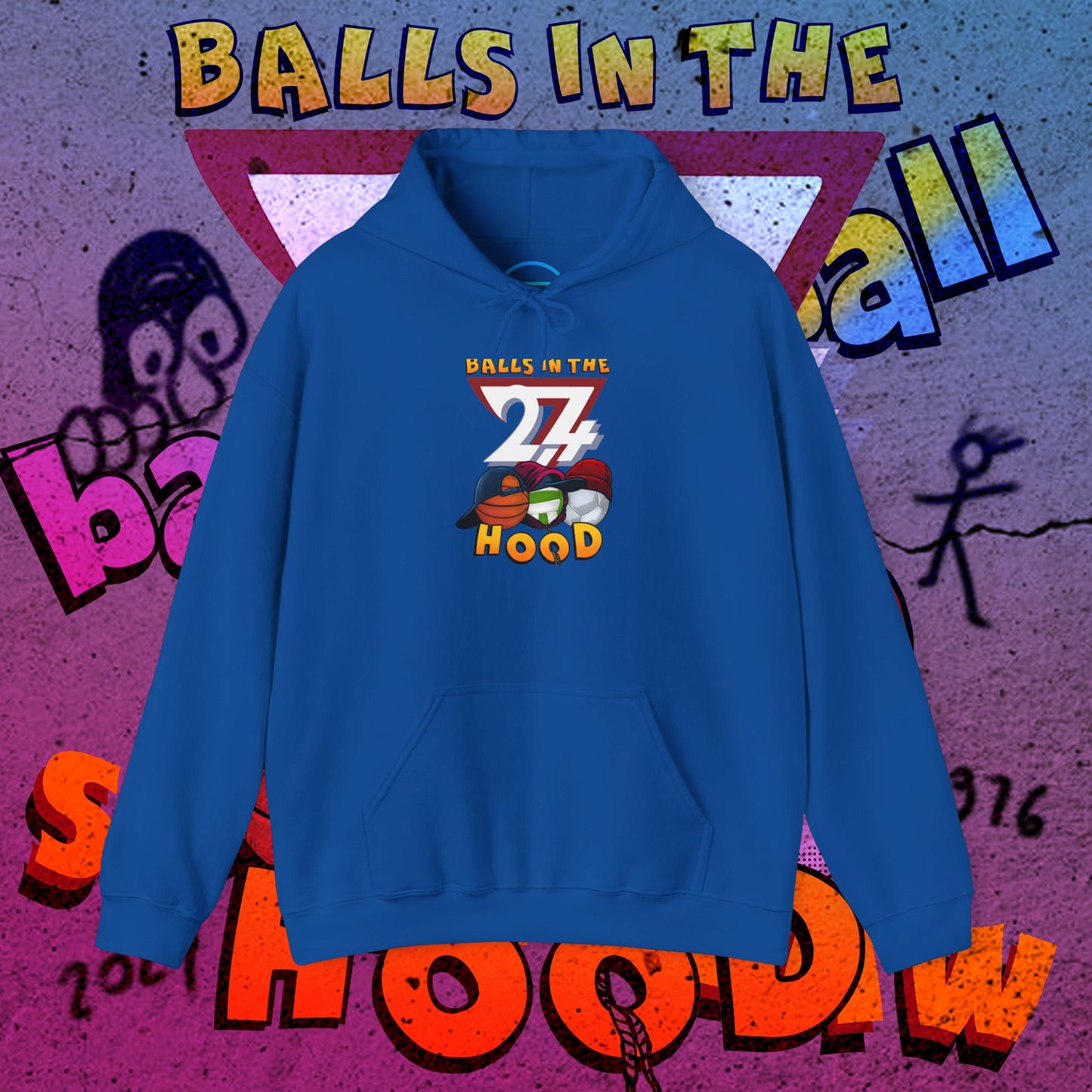 blue printed hoodie with "Balls in the  Hood" graphic design for urban streetwear and ballgames