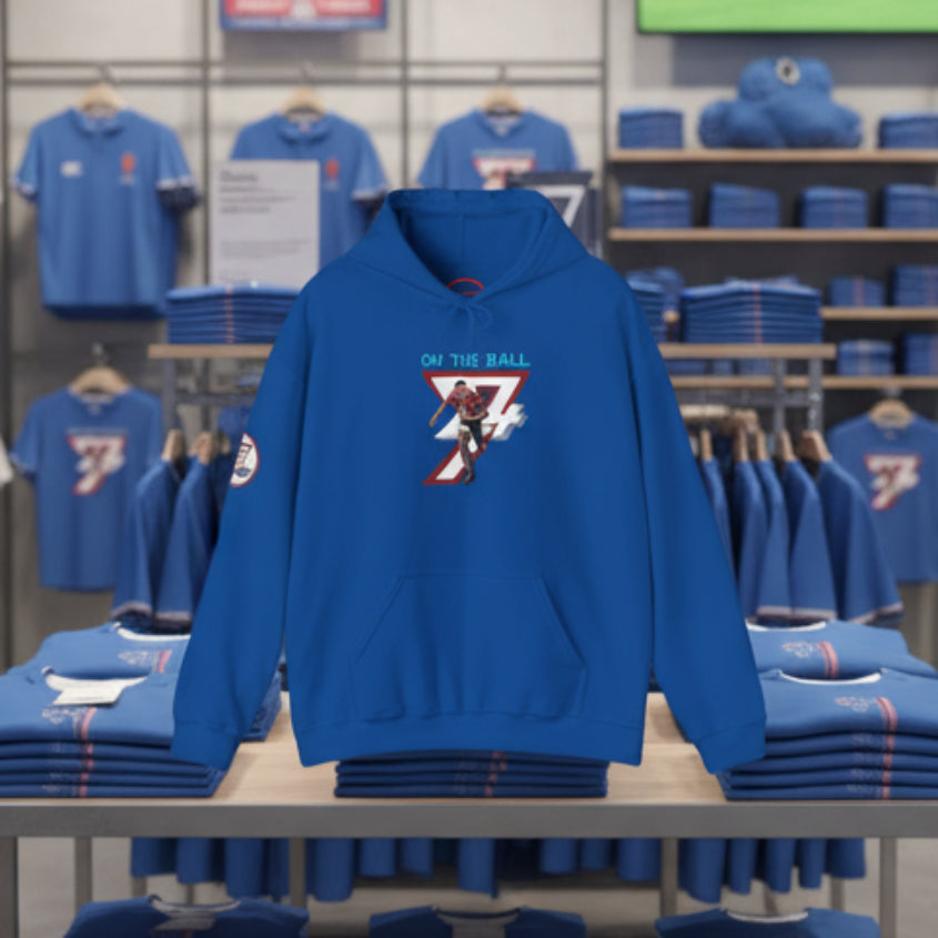 blue rugby hoodie with hand-drawn sports design and kangaroo pocket