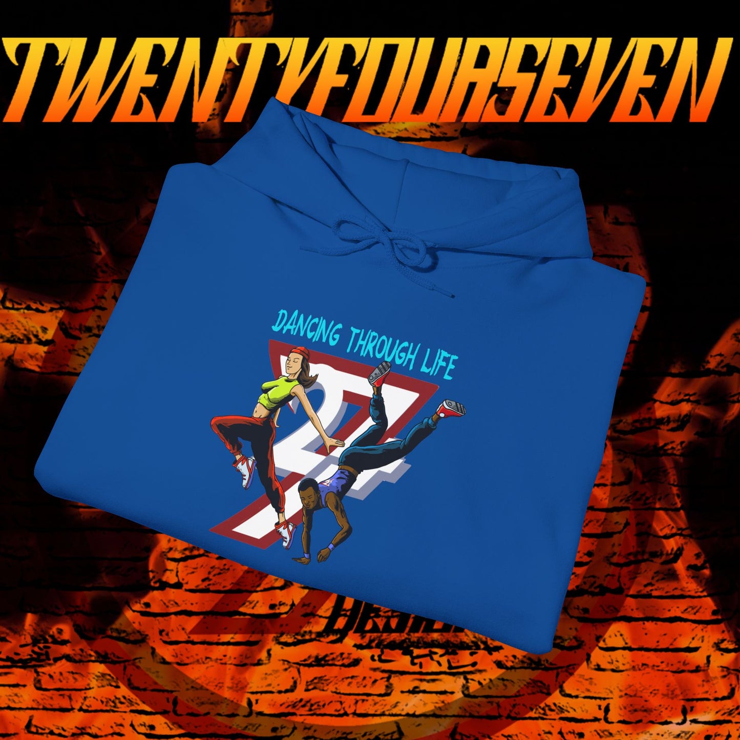 blue streetwear hoodie with urban dancer graphic and "Dancing Through Life" text