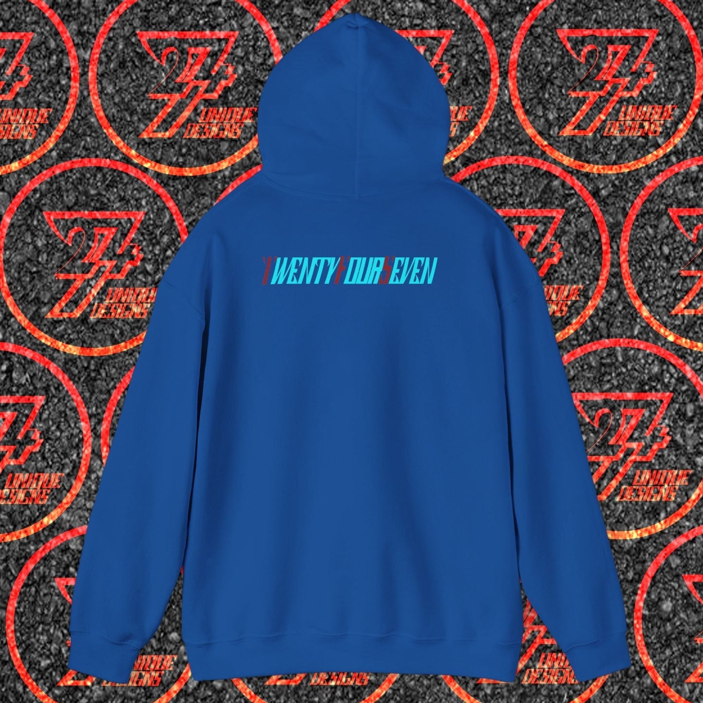 blue stylish hoodie with twentyfourseven logo on back, comfortable streetwear for adults