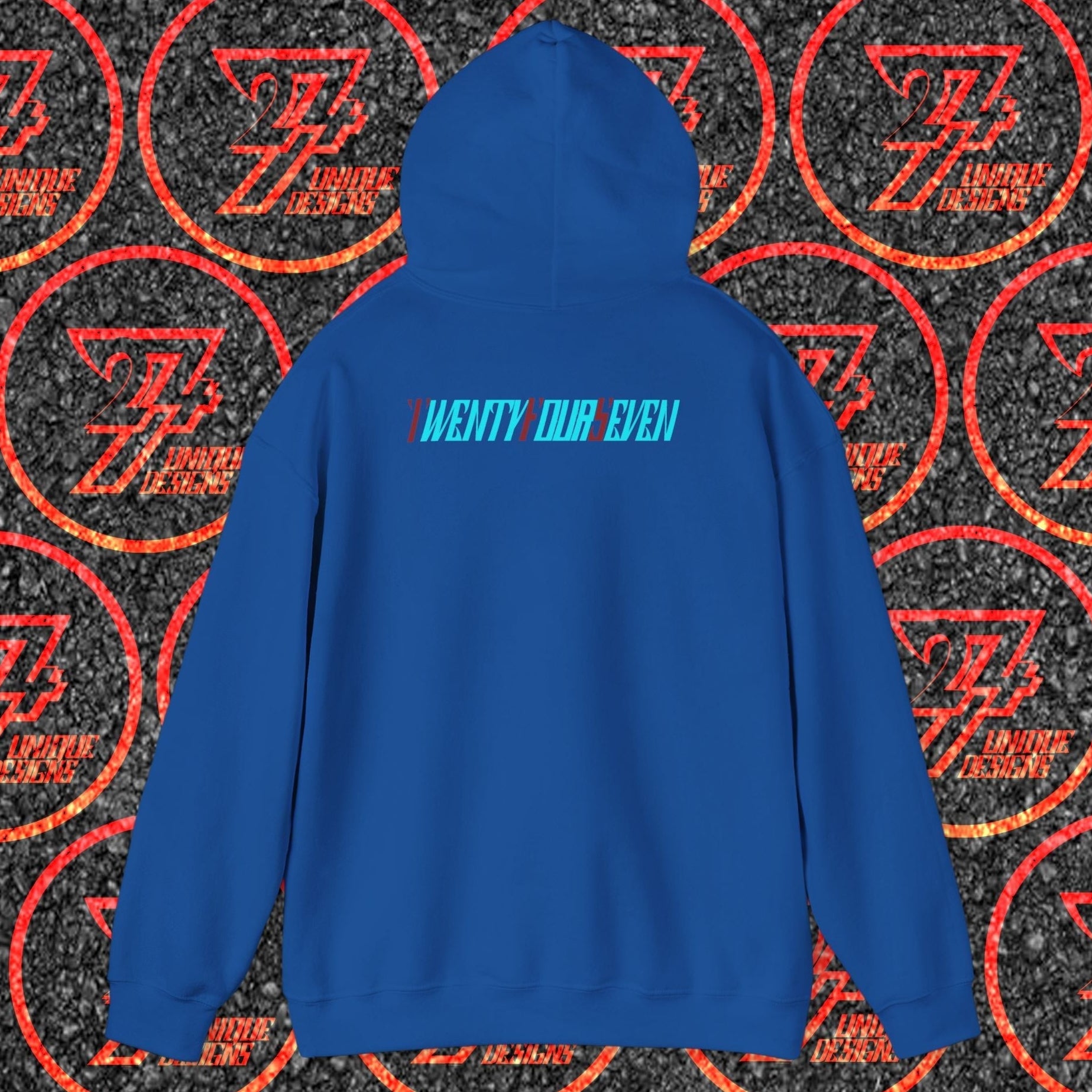 blue stylish hoodie with twentyfourseven logo on back, comfortable streetwear for adults