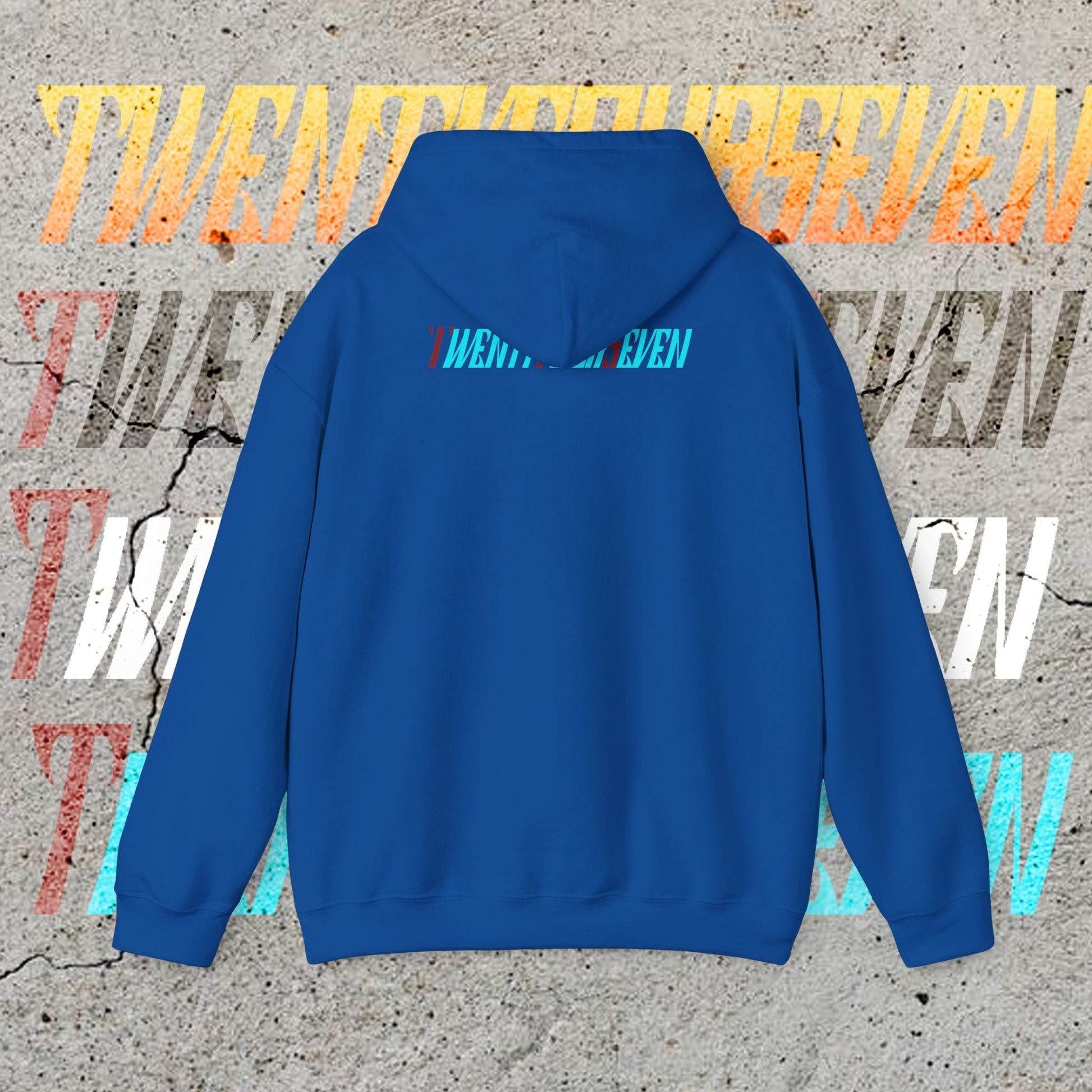 blue stylish hoodie with twentyfourseven logo on back, comfortable streetwear pullover with adjustable hood and kangaroo pocket
