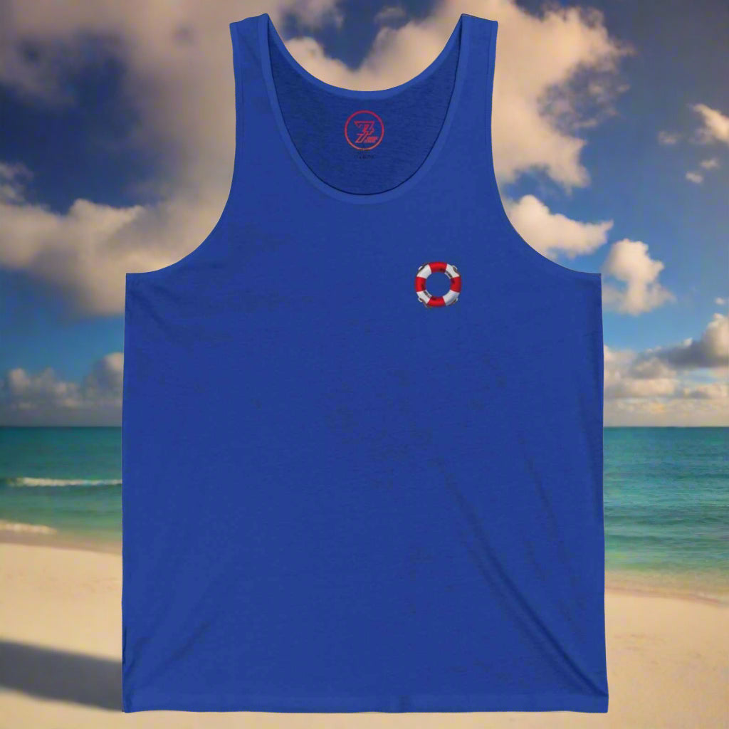 blue unisex beach tank top with small funny cactus design for summer vacation and water sports