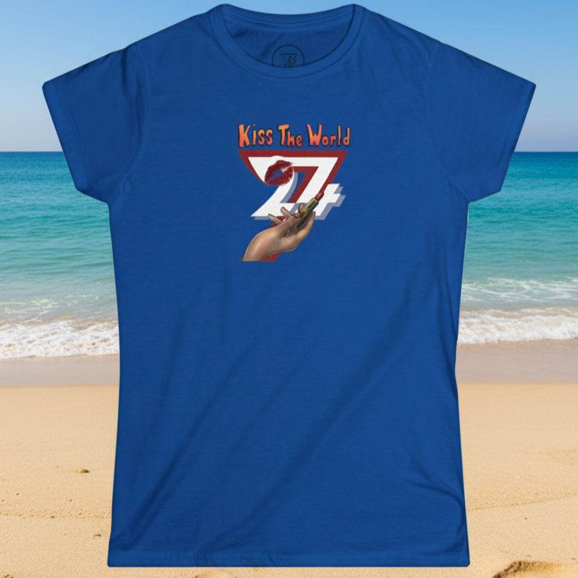 blue women unique tee with lipstick holding hand graphic and "Kiss The World" text design