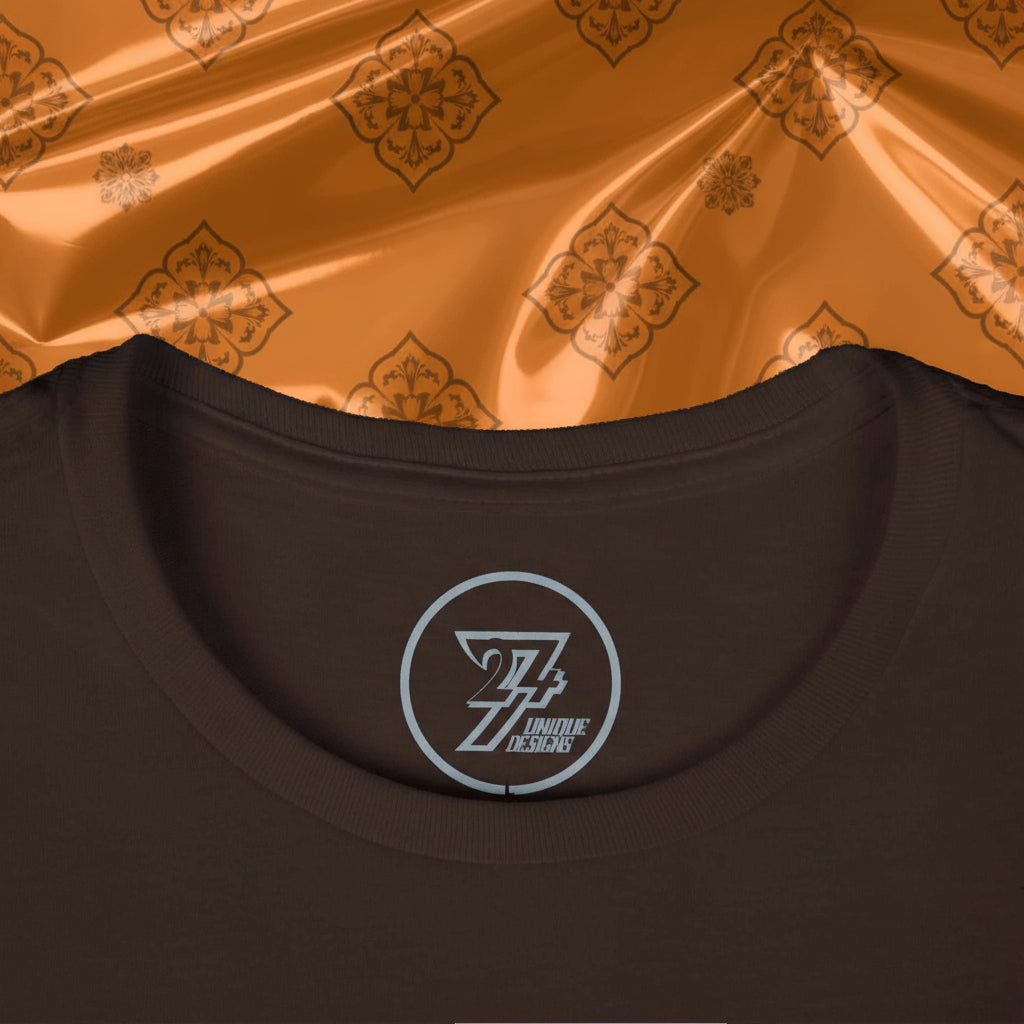 close-up of brown unique women t-shirt neckline with twentyfourseven logo print inside collar