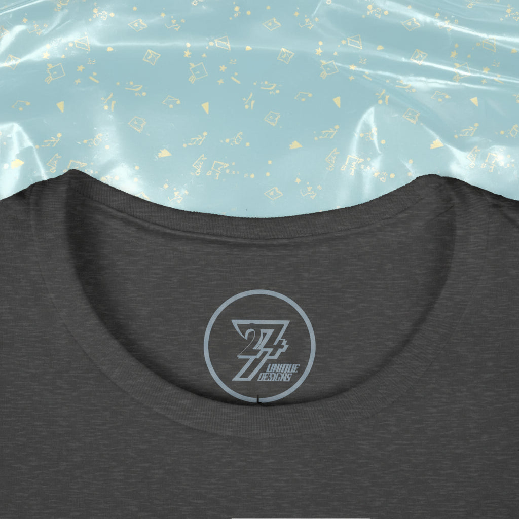 close-up of unique women t-shirt neckline with twentyfourseven logo print