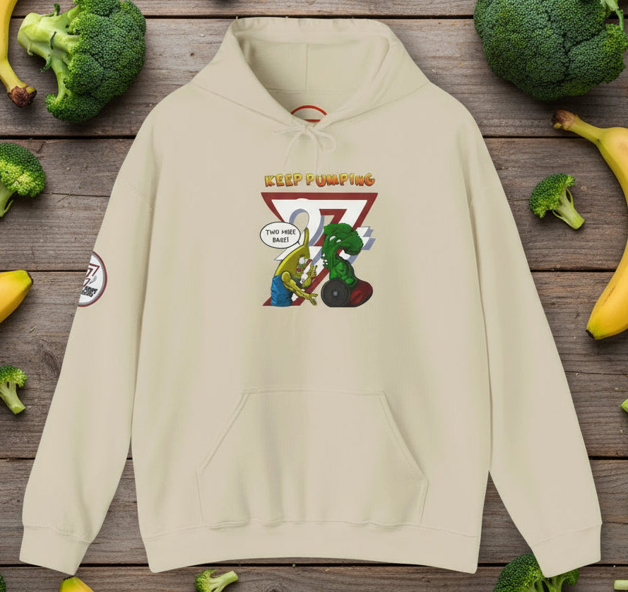 cream hoodie with cartoon broccoli and banana workout illustration and kangaroo pocket