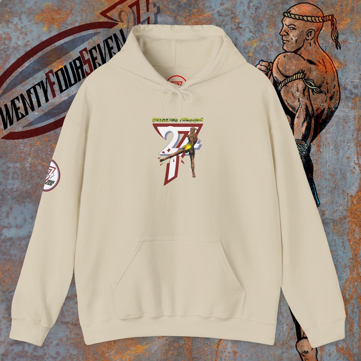 cream muay thai hooded sweatshirt with kangaroo pocket and combat sports design