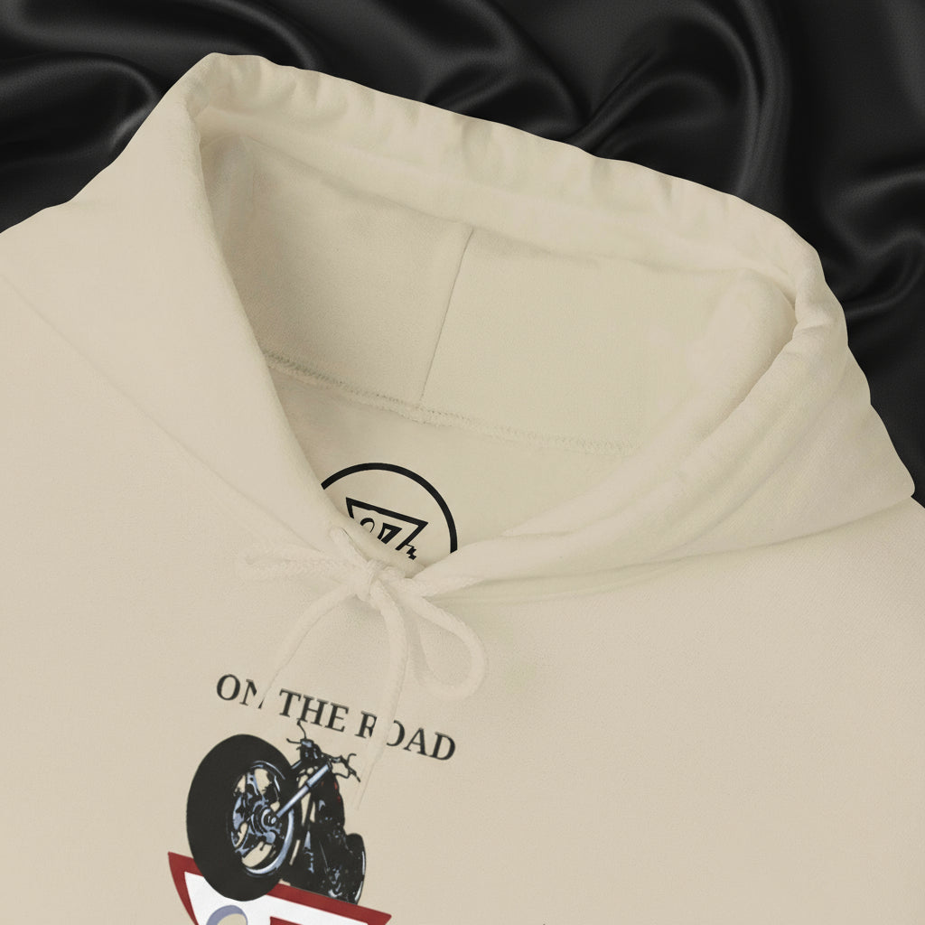 cream vintage bike hoodie with On The Road print and drawstring hood