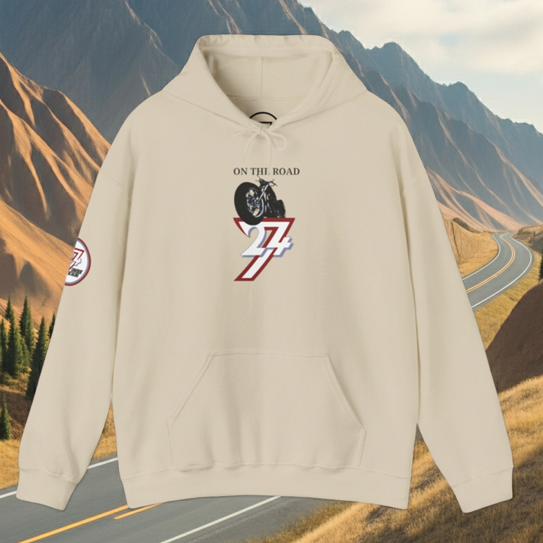 cream vintage bike hoodie with "On The Road 24/7" design on front and sleeve logo