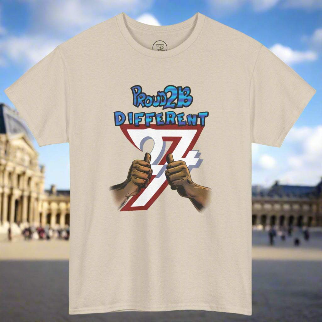 custom tee with bold illustration and "Proud 2B Different" design for Christmas and birthday gifts