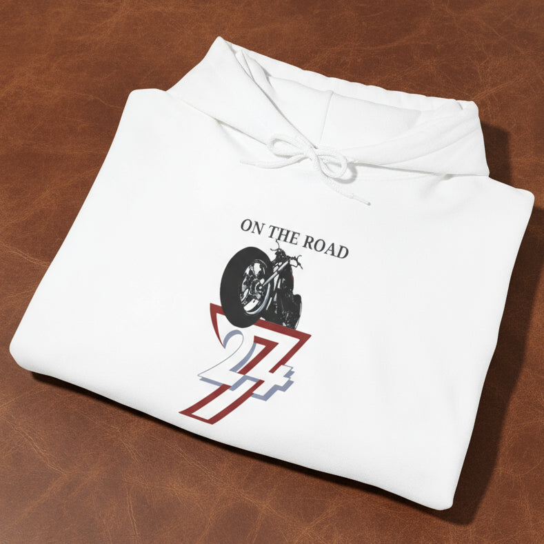 white bike hoodie with vintage motorcycle graphic and "On The Road" text design