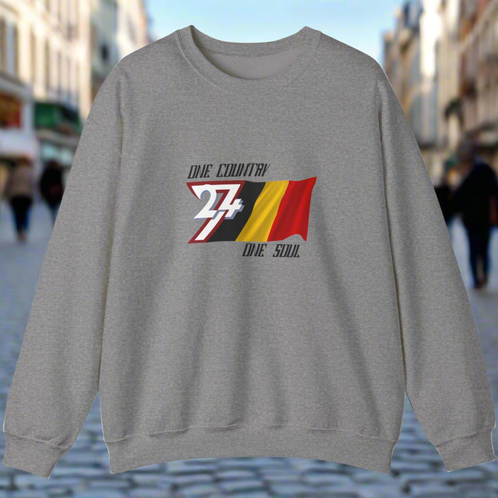 front view of Belgium Sweatshirt with One Country One Soul text