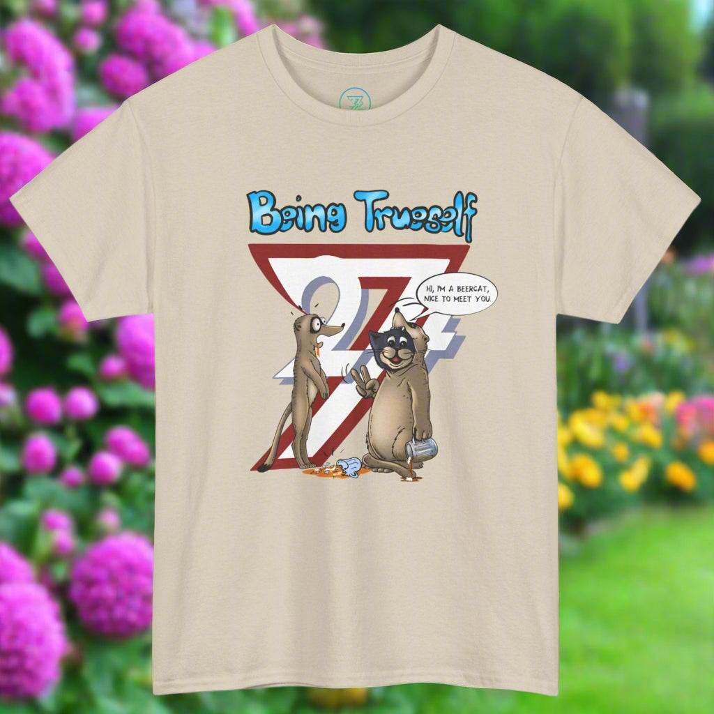 funny cat t-shirt with cartoon meerkat and "Being Trueself" design on beige fabric
