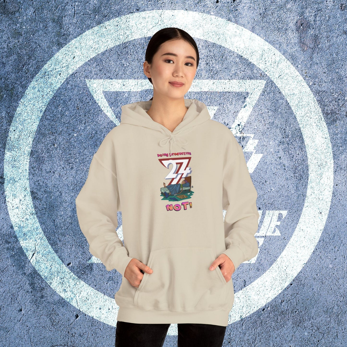 funny custom hoodie with cartoon lazy teen design in beige worn by woman with hands in pockets