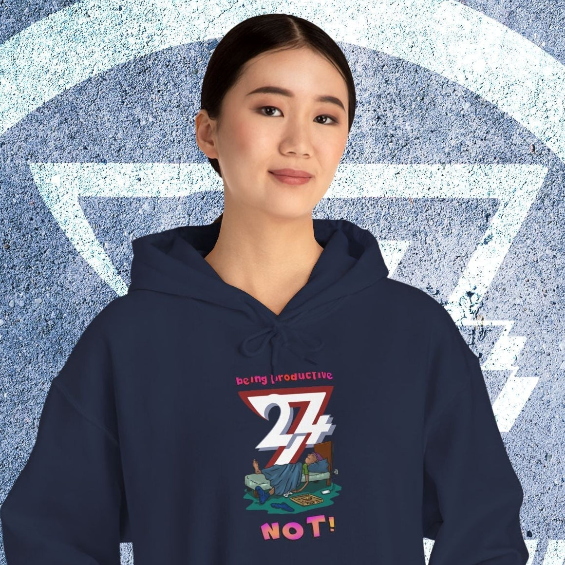 funny custom hoodie with cartoon lazy teen design in navy blue worn by woman