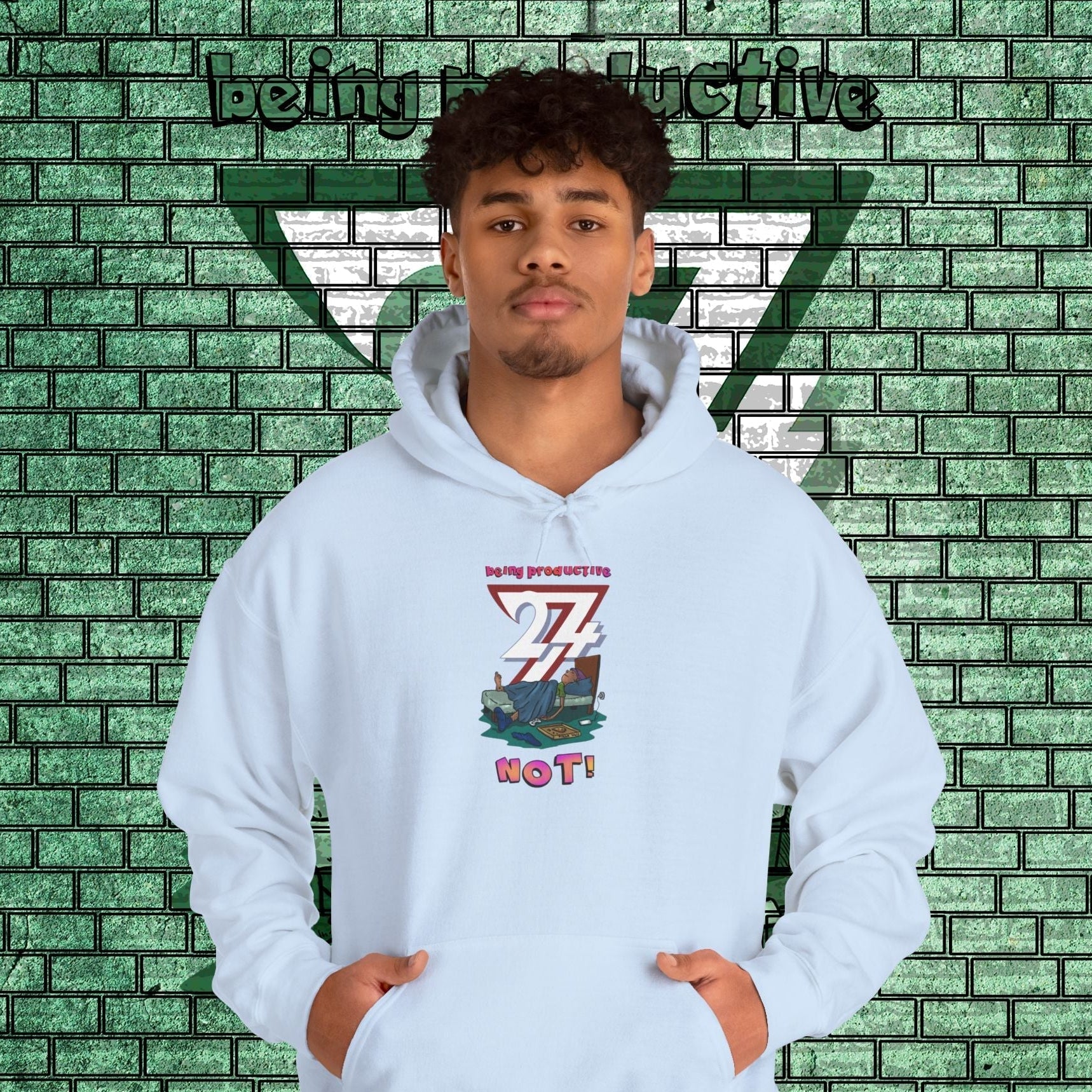 funny custom hoodie with cartoon lazy teen design on light blue sweatshirt