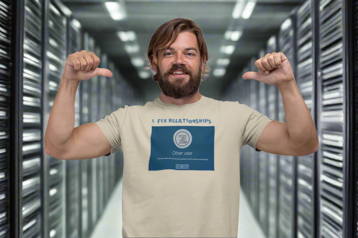Man wearing beige funny quote on t-shirt for IT professionals with a computer error message design.