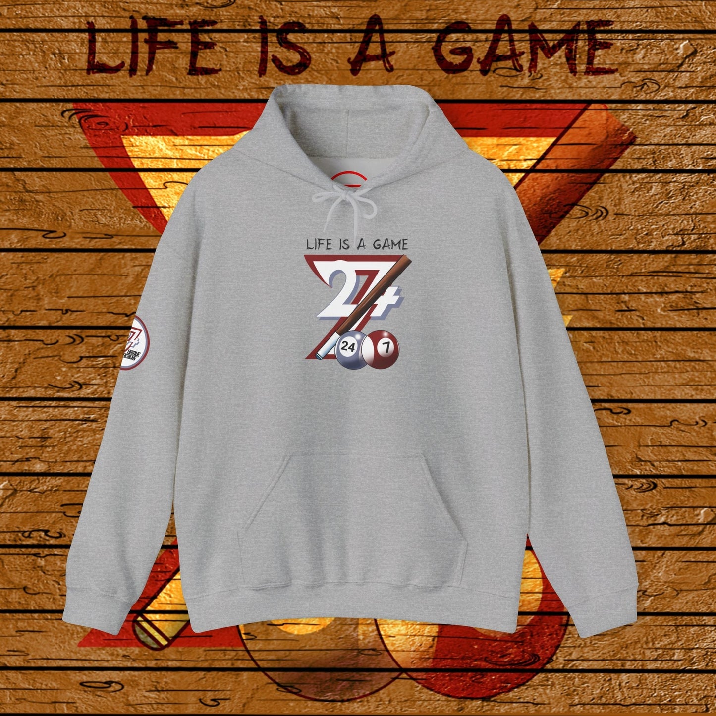 gray billiards hoodie with hand-drawn pool design and "Life is a Game" text