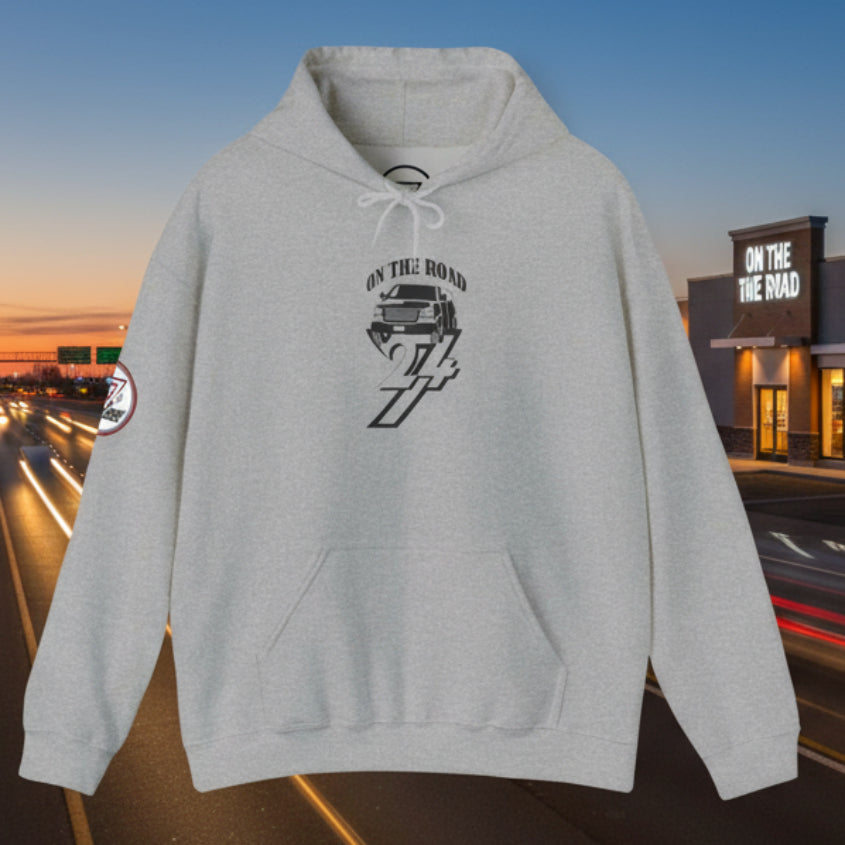gray car hoodie with hand-drawn vehicle design and kangaroo pocket