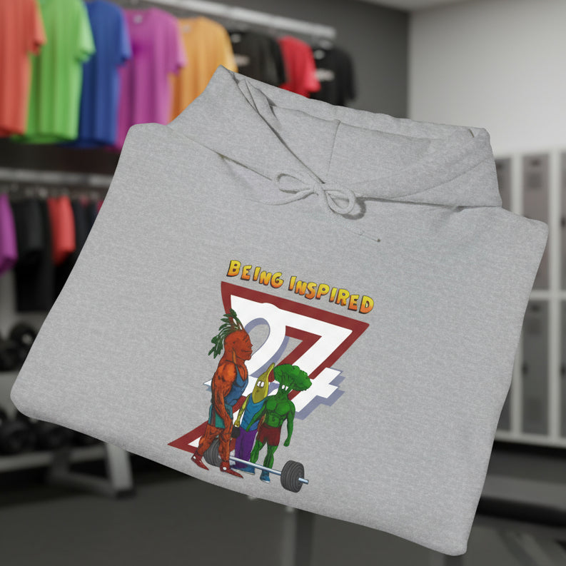 gray custom hoodie with banana and broccoli comic characters lifting weights design