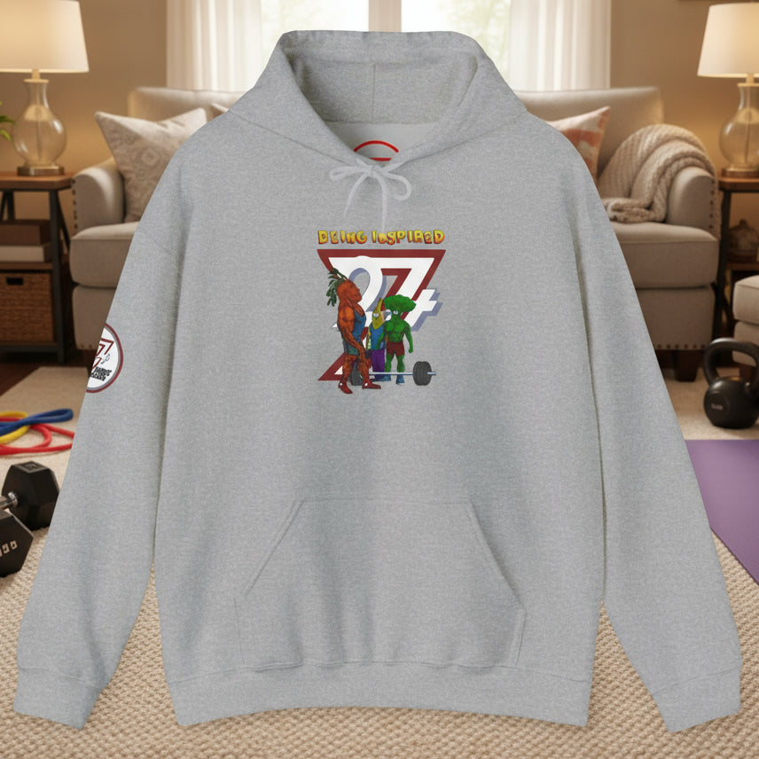 gray custom hoodie with banana broccoli comic characters and "Being Inspired 24/7" text, kangaroo pocket and drawstring hood