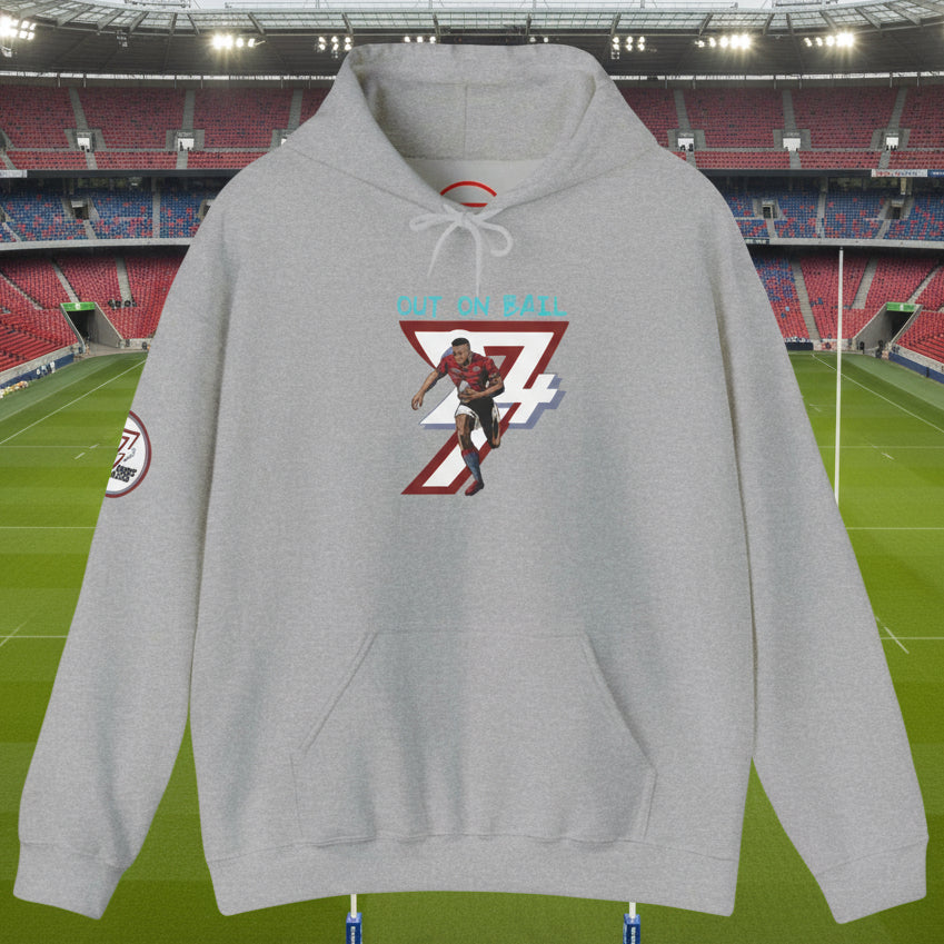 gray rugby hoodie sweatshirt with hand-drawn rugby player and "On The Ball" text on front