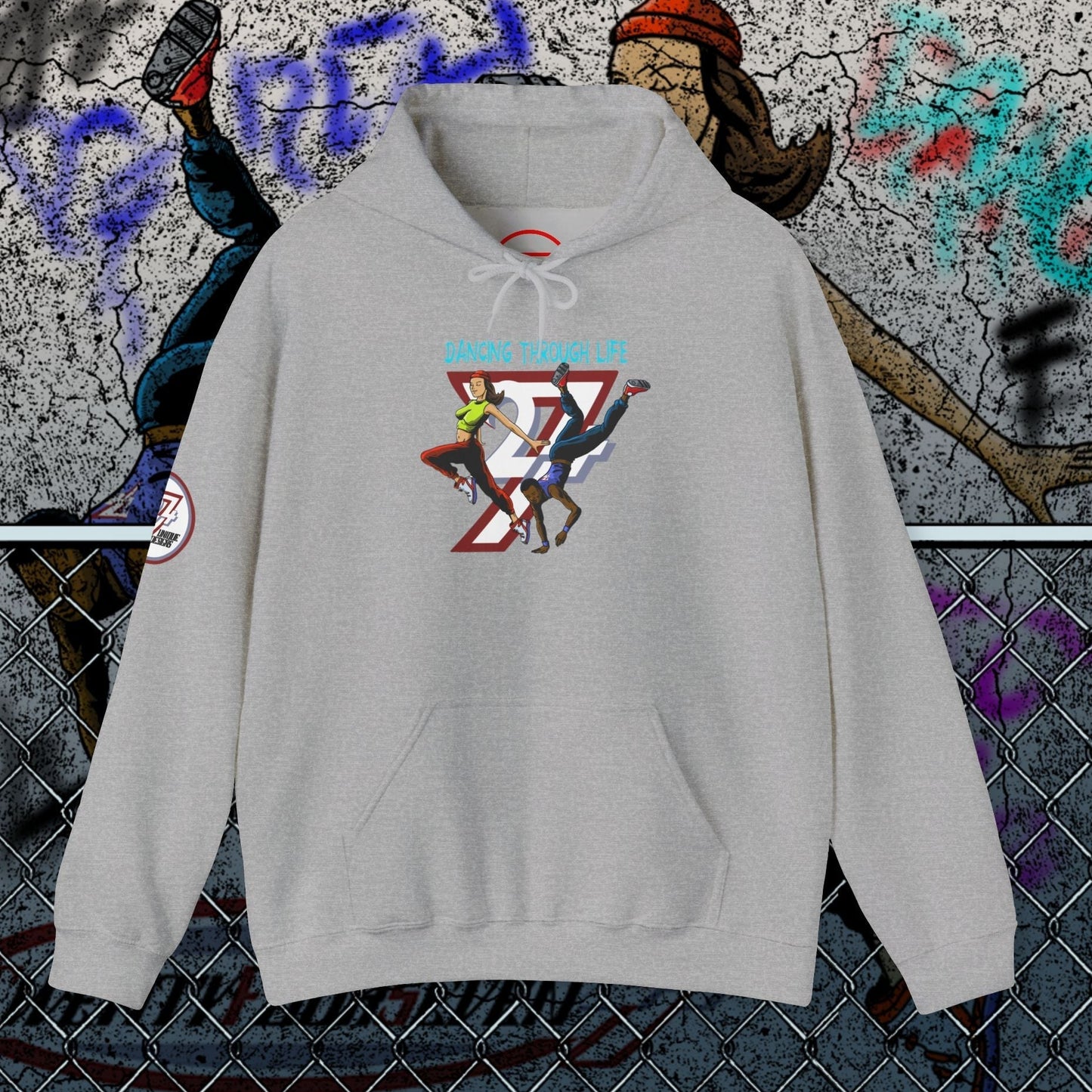 gray streetwear hoodie with urban dancer graphic design and kangaroo pocket