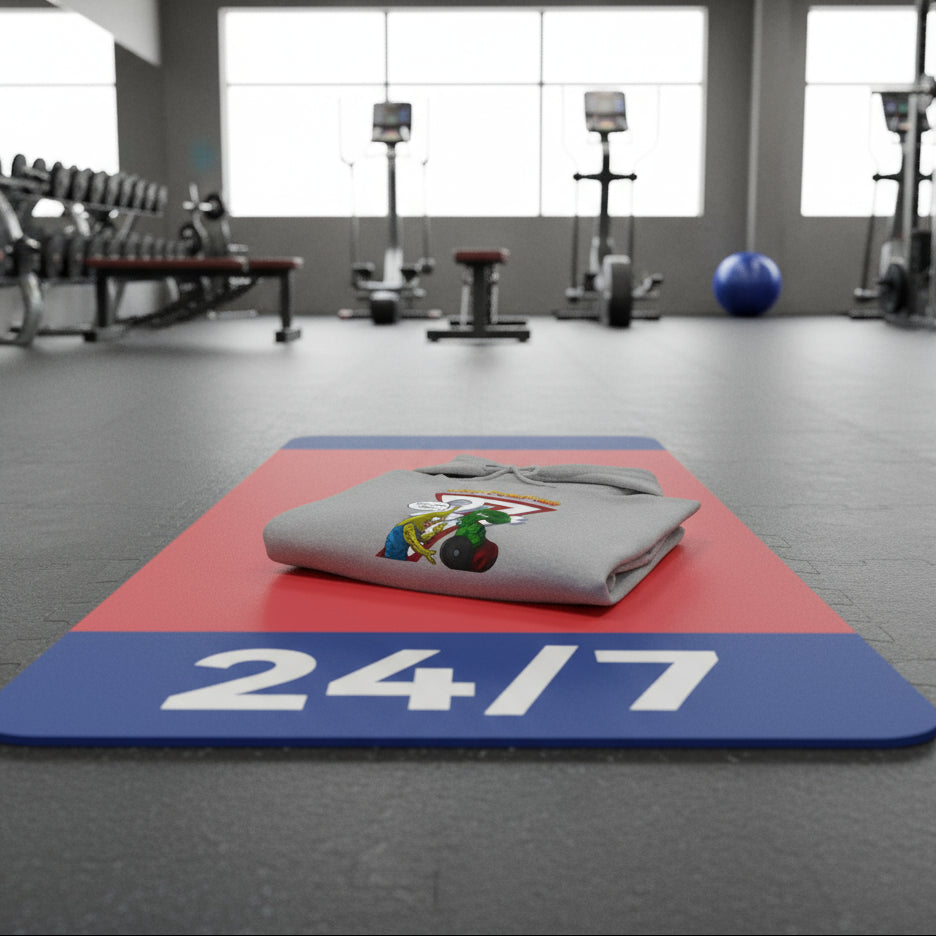 gray workout hoodie with cartoon broccoli and banana characters lifting weights and "Keep Pumping" text