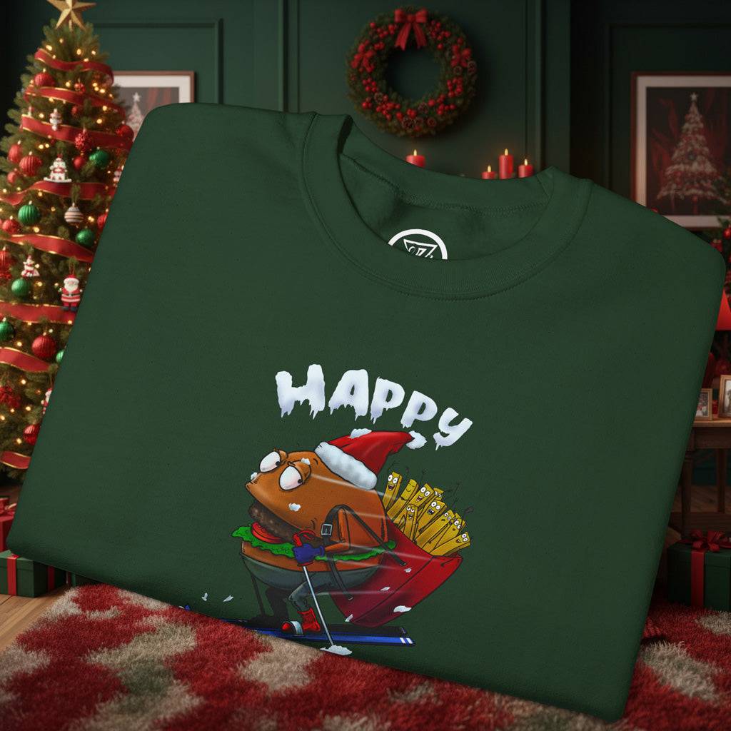 green Christmas burger sweatshirt with skiing Santa burger cartoon and "Happy" text