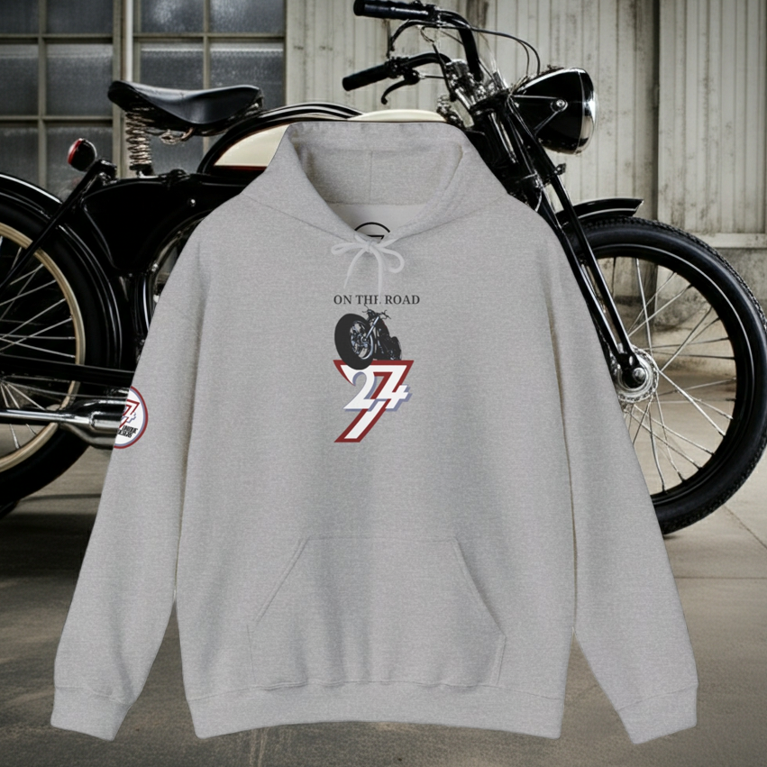 grey bike hoodie with vintage motorcycle and "On The Road 24/7" text design on front