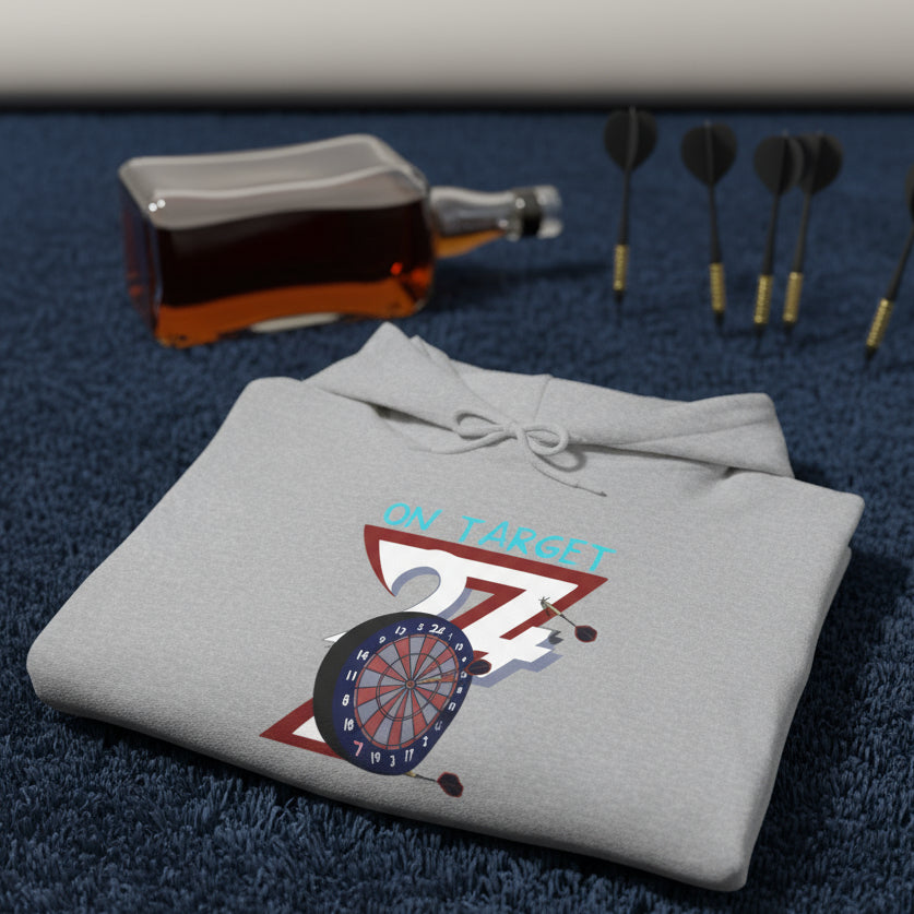 grey darts hoodie with hand-drawn dartboard and "ON TARGET" text design