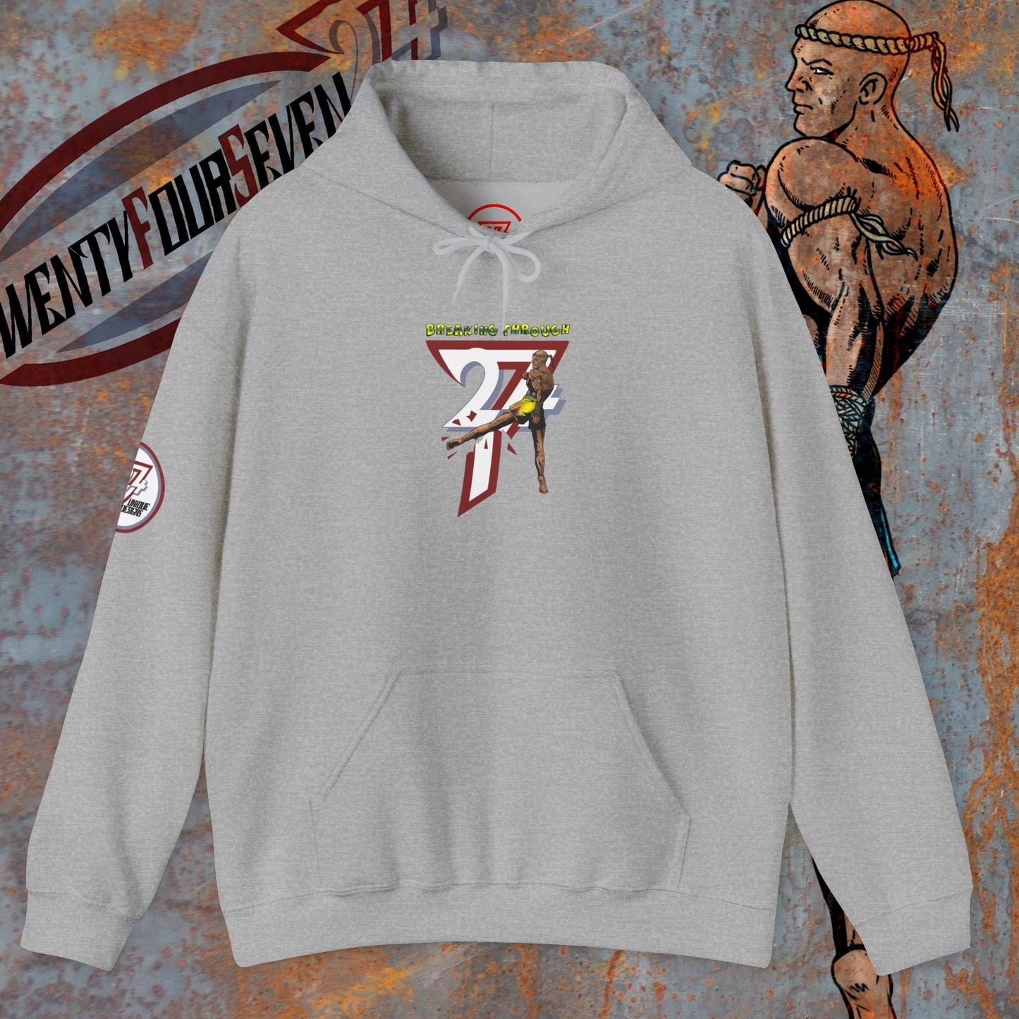 grey muay thai hooded sweatshirt with kangaroo pocket and combat sports graphic design