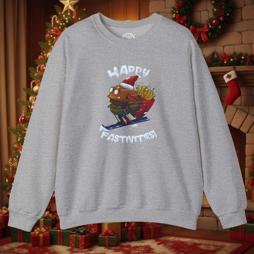 grey sweatshirt with skiing Santa burger Christmas design and Happy Fastivities text