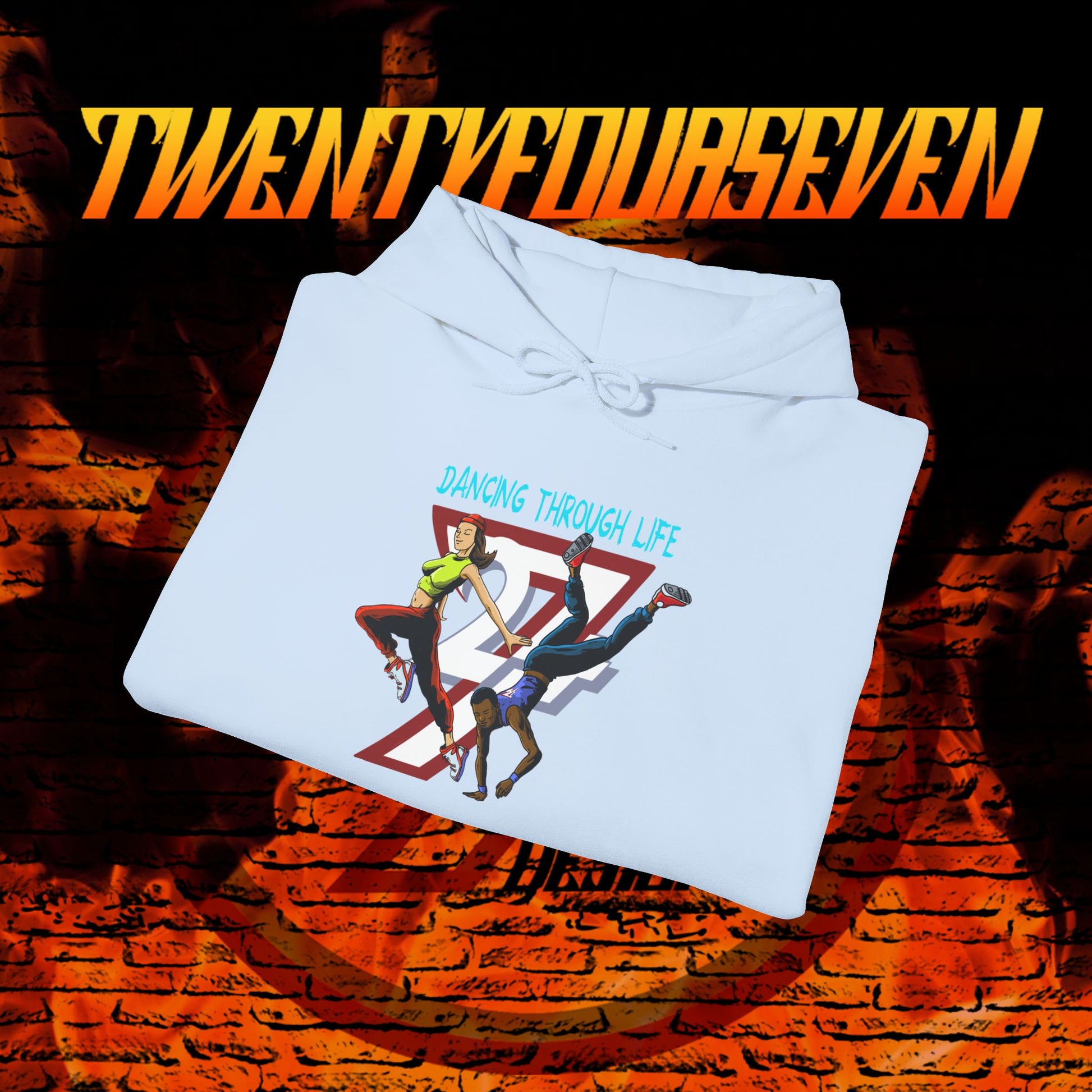 light blue streetwear hoodie with urban dancer graphic and adjustable drawstring hood on brick wall background