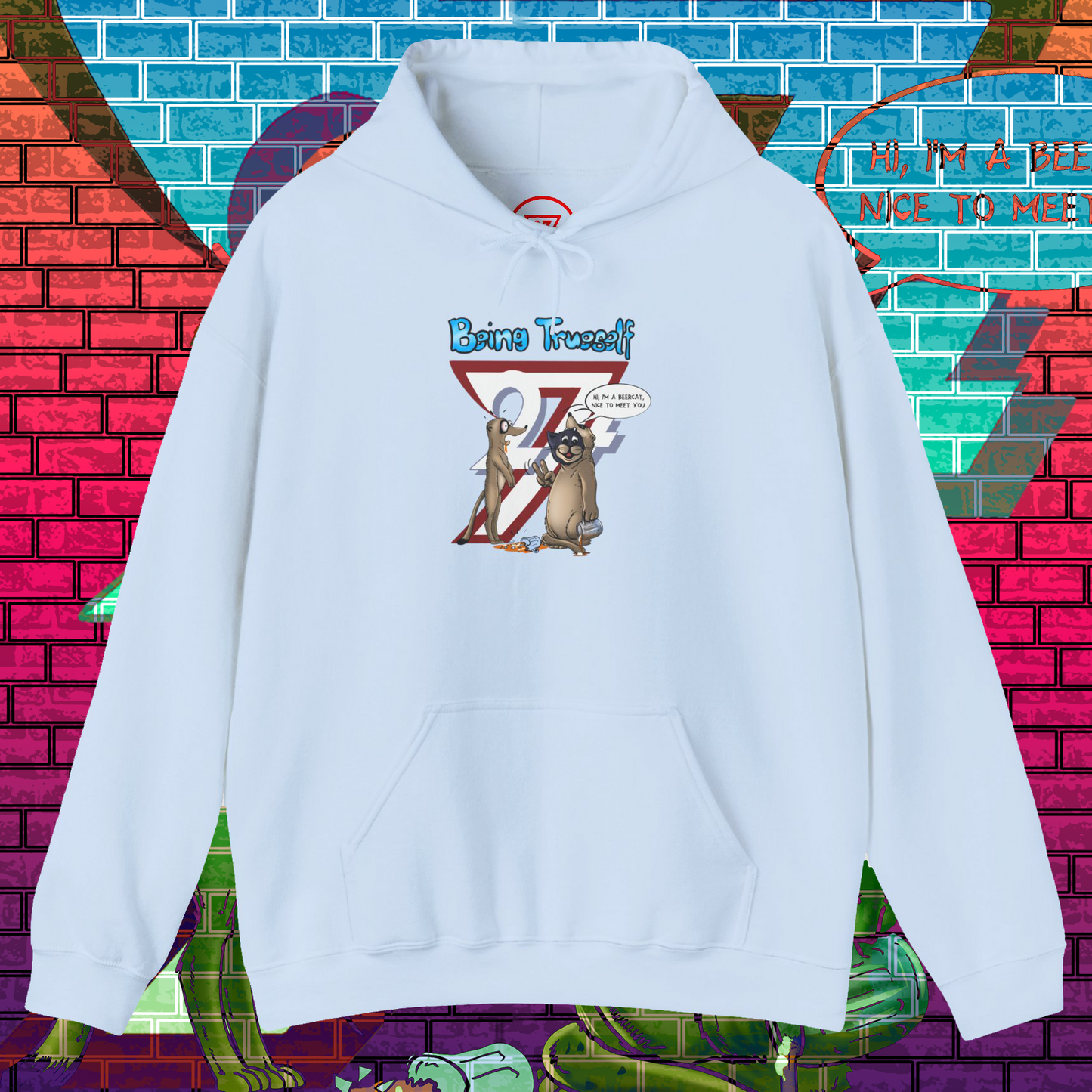 meerkat on hoodie with funny cartoon meerkat and cat design, light blue cozy pullover with kangaroo pocket and adjustable hood