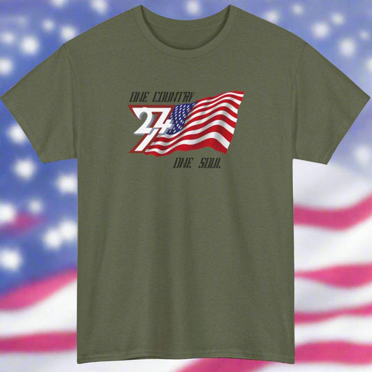 Olive green USA T-shirt with waving American flag graphic and "One Country One Soul" slogan, patriotic casual wear.
