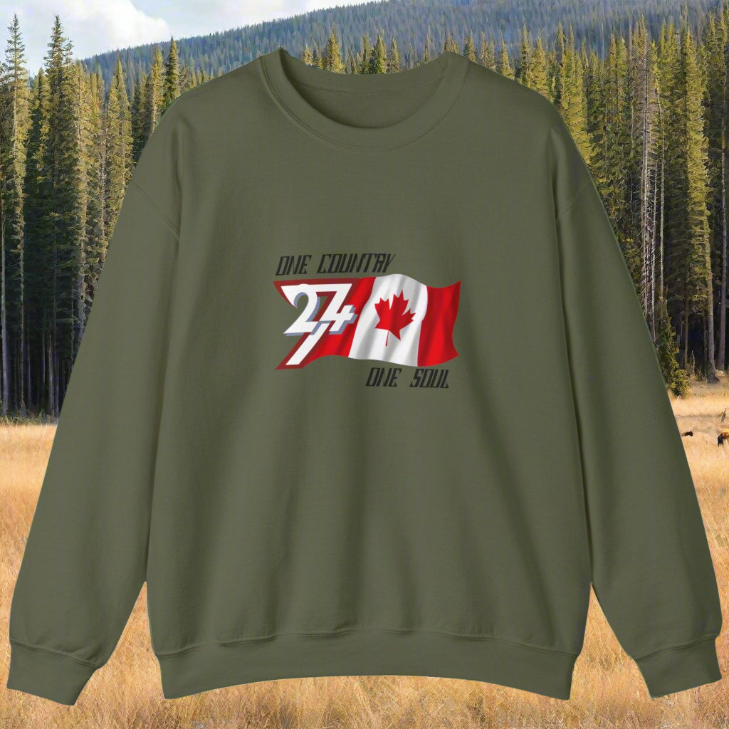 military green sweatshirt with Canada flag design on chest