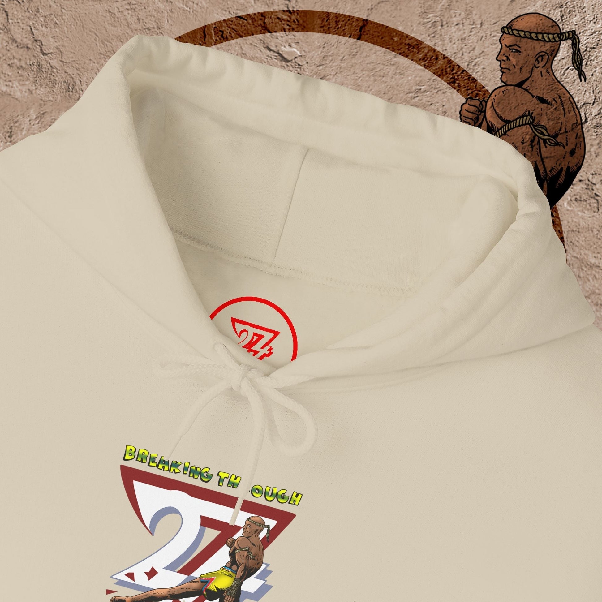 muay thai hooded sweatshirt with fighter graphic and drawstring hood in cream color