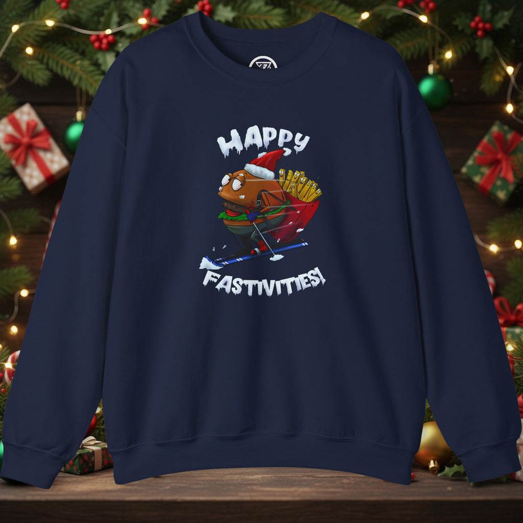 navy Christmas burger sweatshirt with skiing Santa Claus burger and Happy Fastivities text
