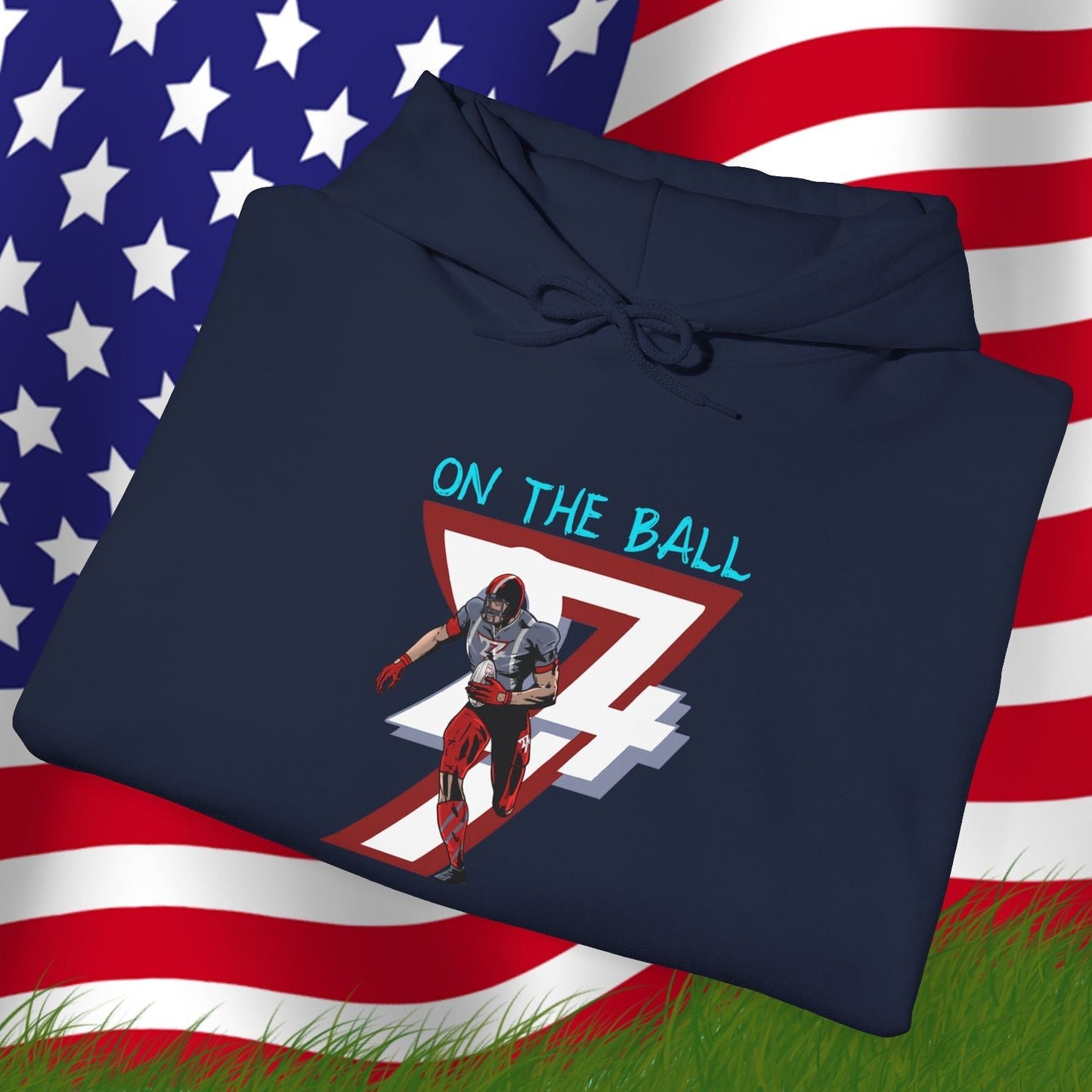 navy american football hoodie with hand-drawn player and "ON THE BALL" text on American flag background