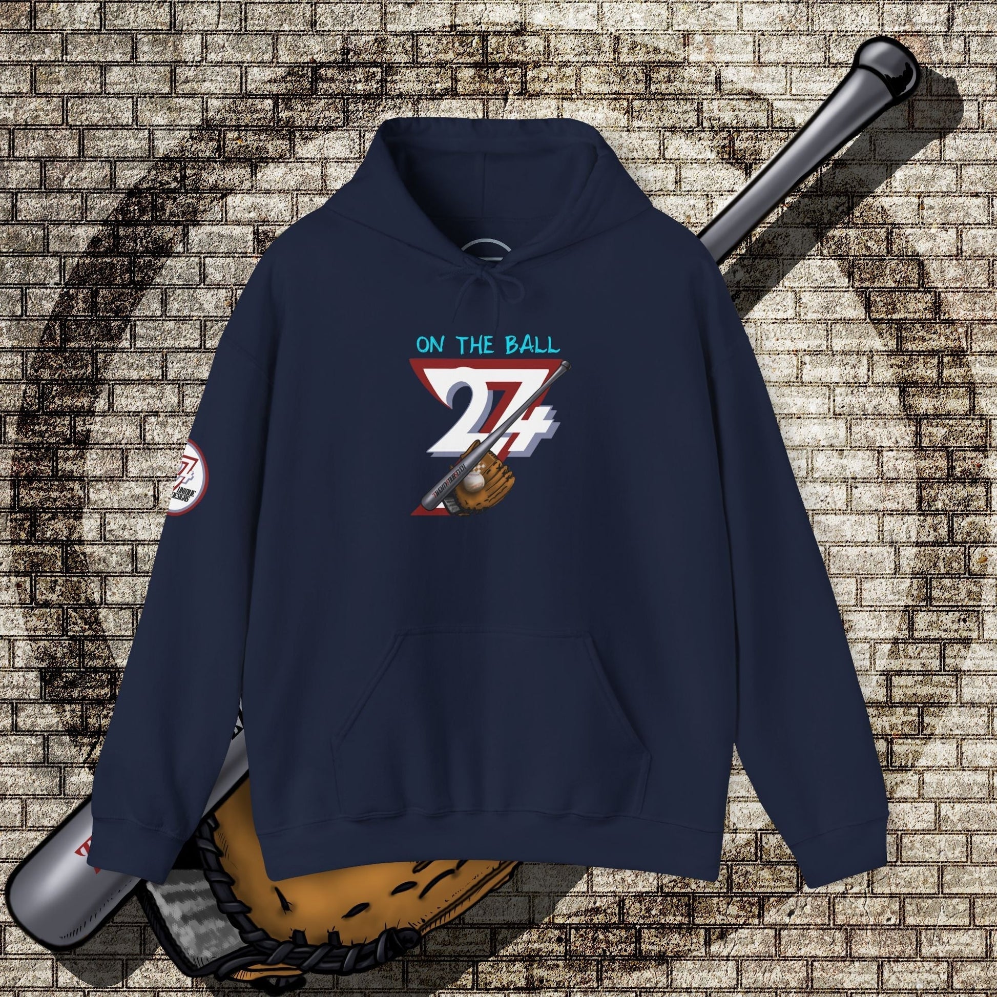 navy baseball hoodie with 24/7 graphic and baseball glove design on front, kangaroo pocket and adjustable hood