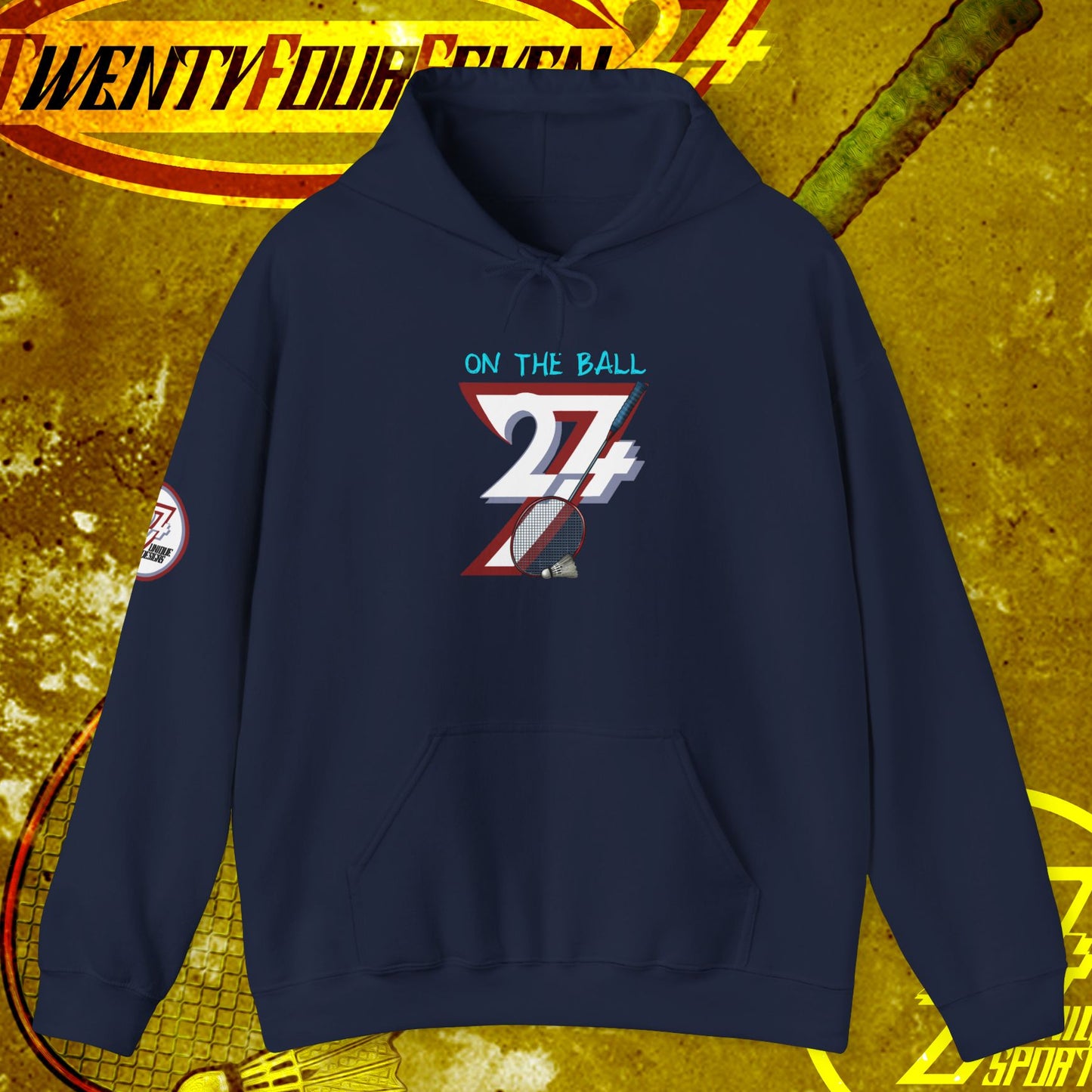 navy blue badminton hoodie sweatshirt with "On The Ball 24/7" graphic and kangaroo pocket
