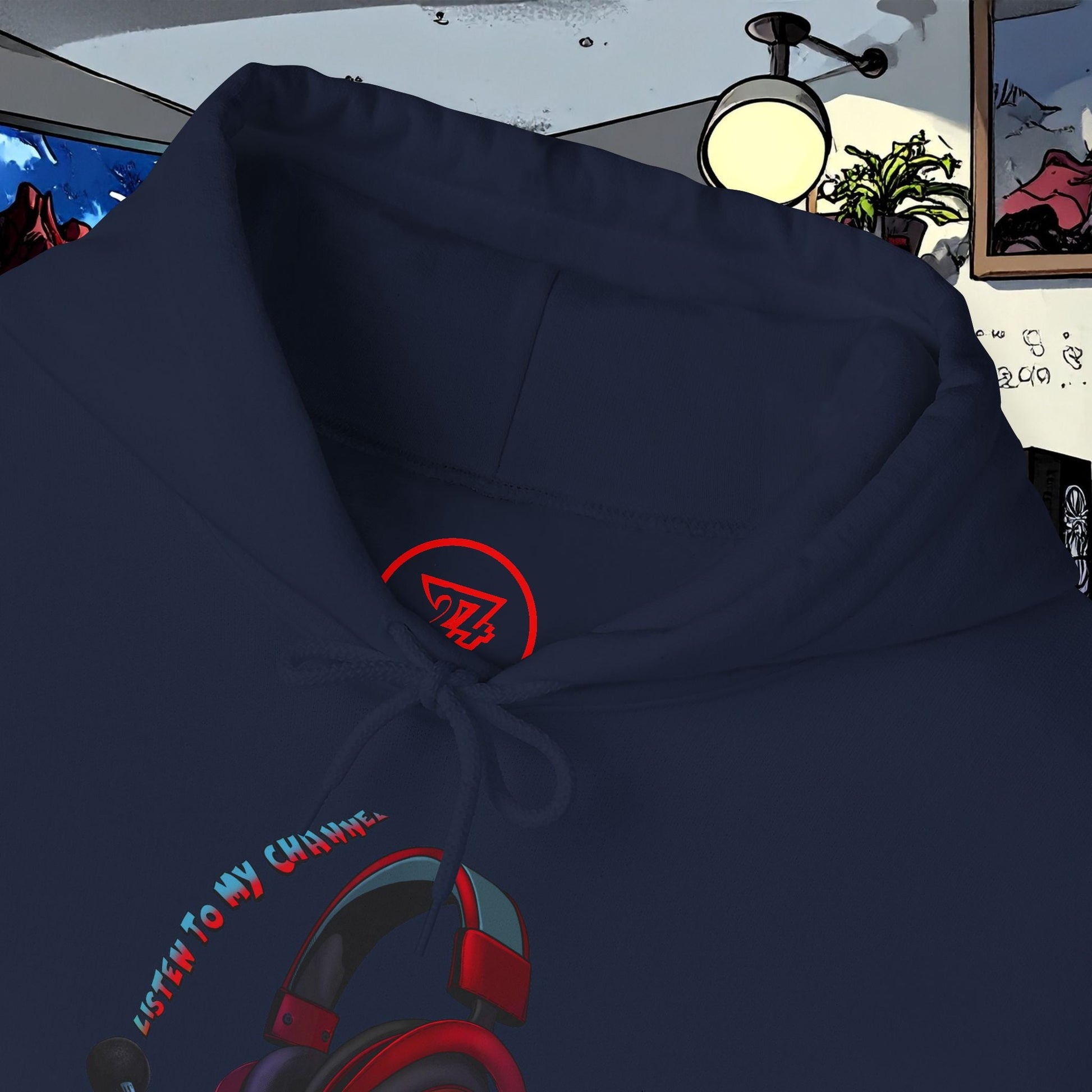 navy blue headset hoodie with red and black headphone design on front and drawstring hood