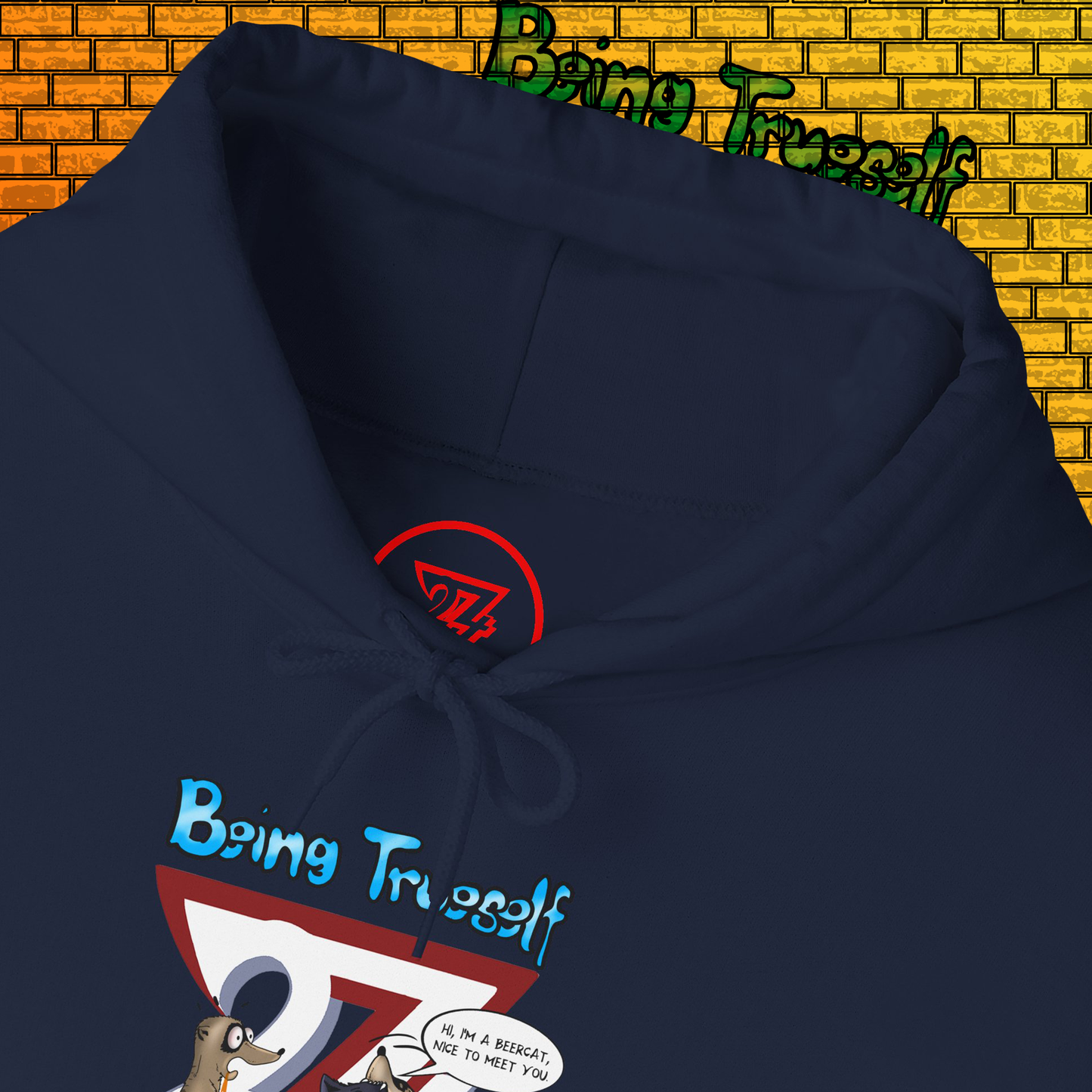 navy blue hoodie with cartoon meerkat and cat illustration and "Being True-Self" text design